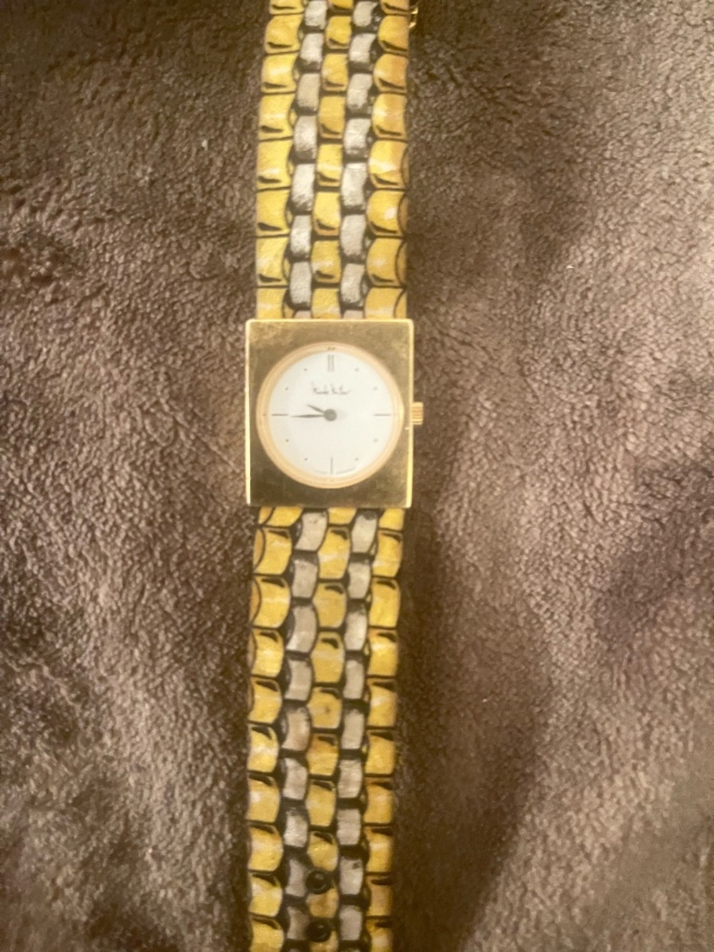 Gold-Tone Square Dial Bracelet Watch with Two-Tone Link Band